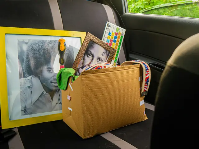 Karton mit Bilderrahmen und persönlichen Gegenständen auf dem Rücksitz eines Autos